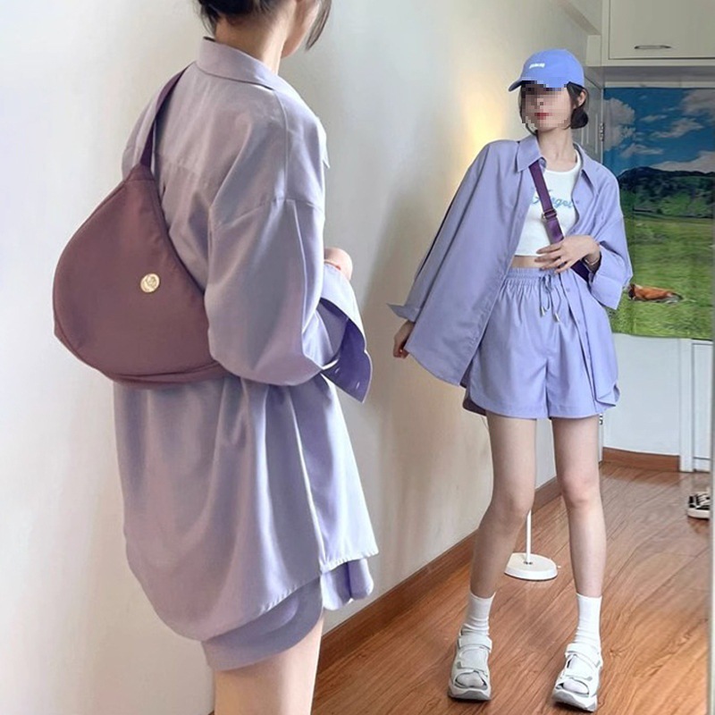 秋装搭配一整套紫色防晒衬衫上衣阔腿短裤宽松休闲两件套装女夏季