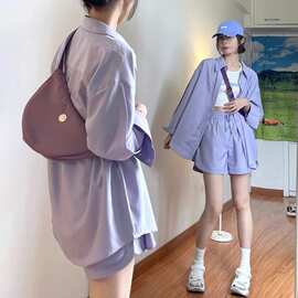秋装搭配一整套紫色防晒衬衫上衣阔腿短裤宽松休闲两件套装女夏季