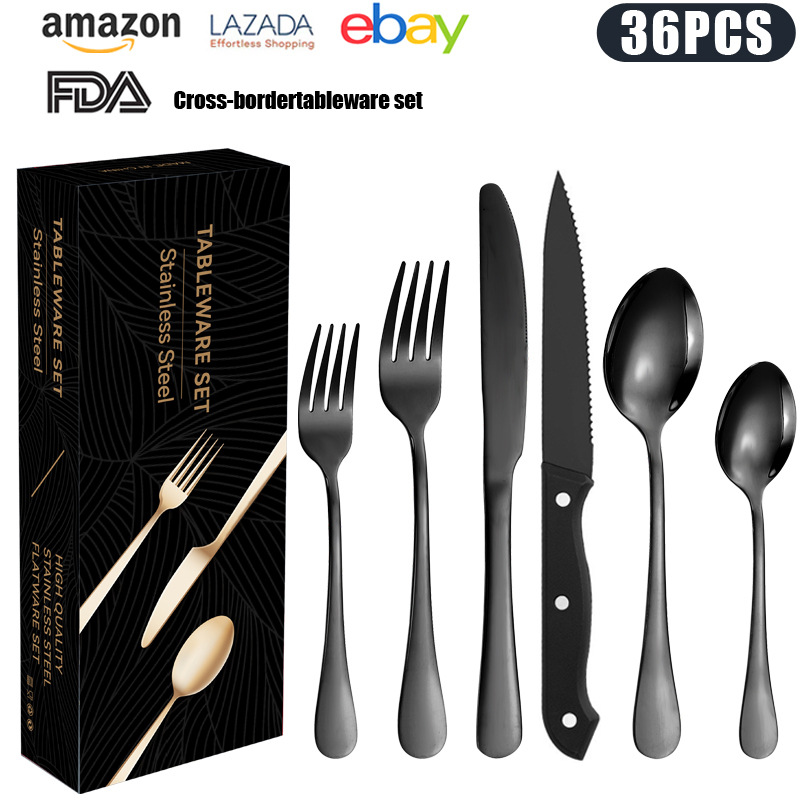 Conjunto de 24 piezas Western Steak Hotel cuchillo negro, tenedor y cuchara Cuchillo de vajilla de acero inoxidable de Venta caliente transfronteriza, tenedor y cuchara
