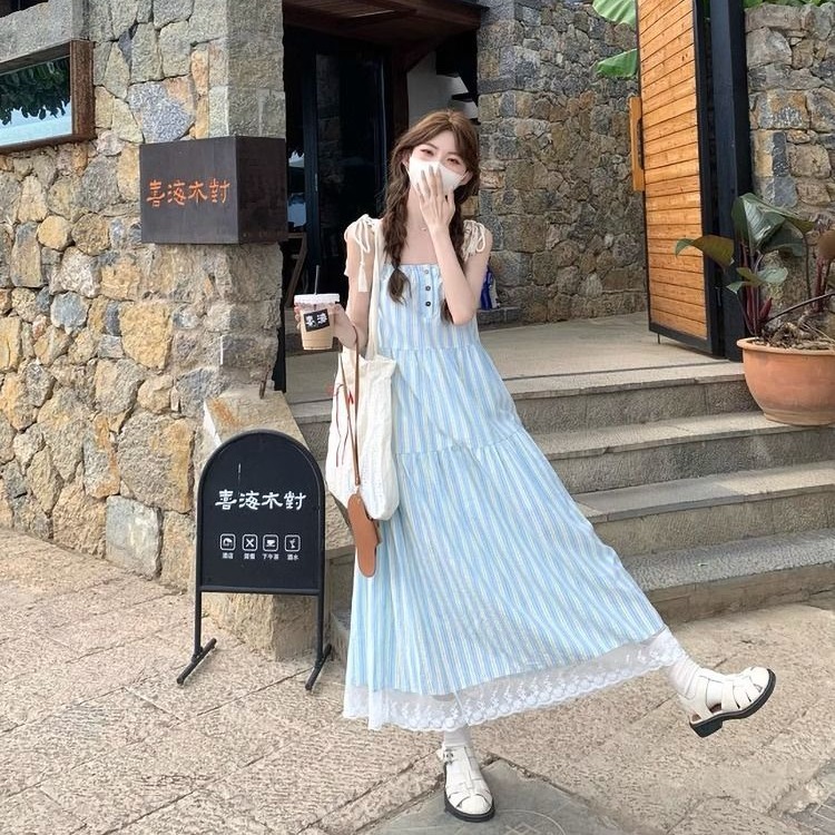 韓国系の青いストライプのストラップ付きのワンピース女性夏の海辺の休暇のロングスカートの袖なしのゆったりしたa字のスカート|undefined