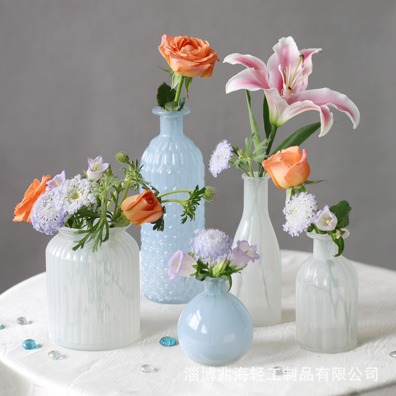 French white blue glass small flower bottle living room flower…