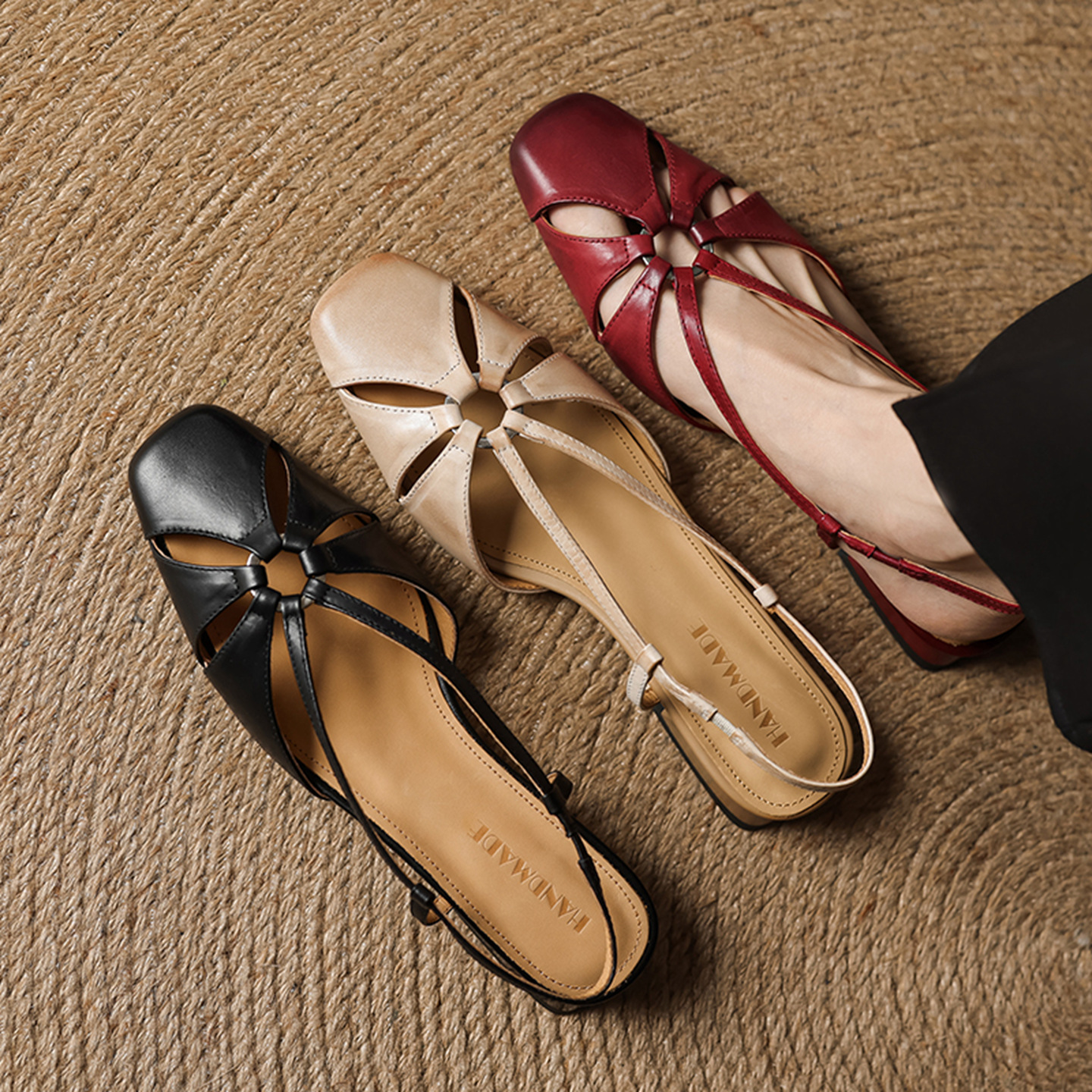 Sandal nữ quai ngang mũi nhọn phong cách vintage, gót thấp 3 cm — đen