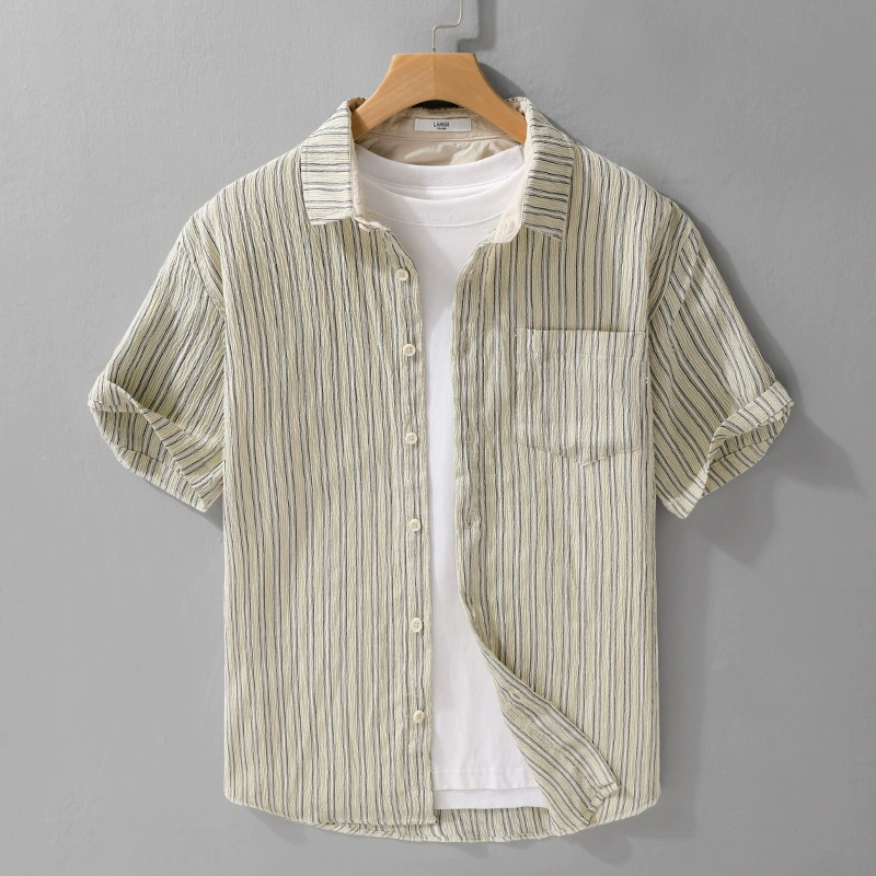 Свободная мужская рубашка с короткими рукавами в японском стиле, летний повседневный полосатый топ, стильная универсальная мужская рубашка 380