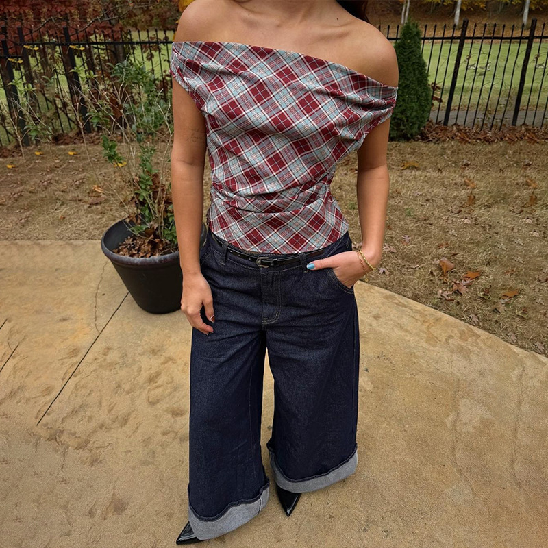 Summer New Fashion Personality Hot Girl Color-Block Plaid Top Wholesale Slim Cropped T-Shirt Off-Shoulder