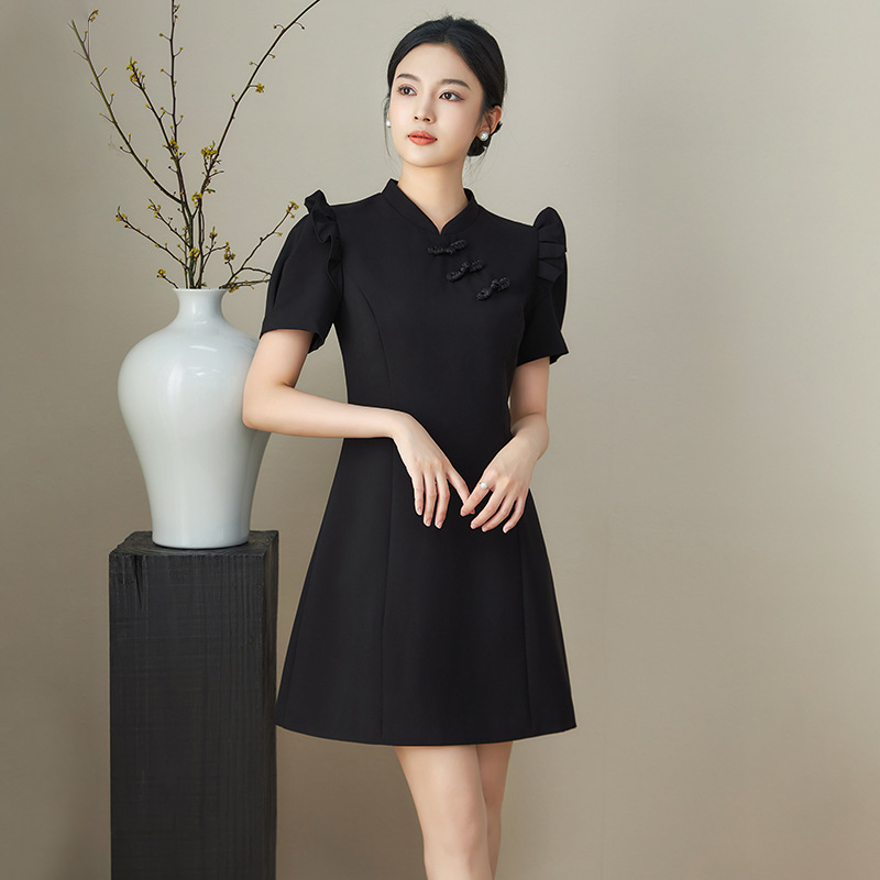 Đầm suông nữ midi mùa hè tay ngắn — 2415306 - Đen chi tiết 4