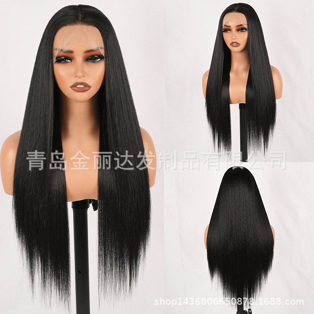 Europeas y estadounidenses pelucas de cabello negro largo recto frente de encaje fibra química pelucas de cabello pelucas transfronterizas para venta directa de fabricantes
