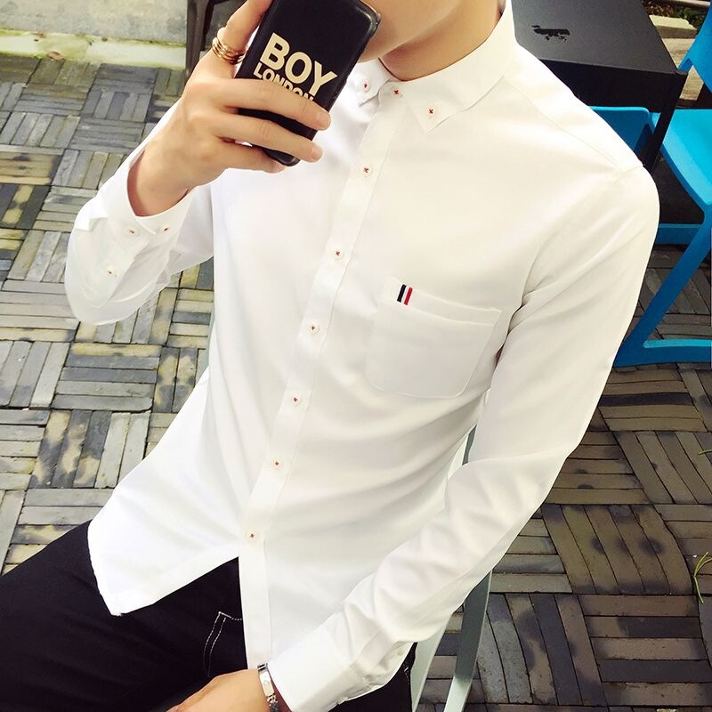 Warm Maple Korean-Style Men's Long-Sleeve Slim-Fit Trendy White Shirt for Teenagers and Students, Stylish Versatile Casual Top
