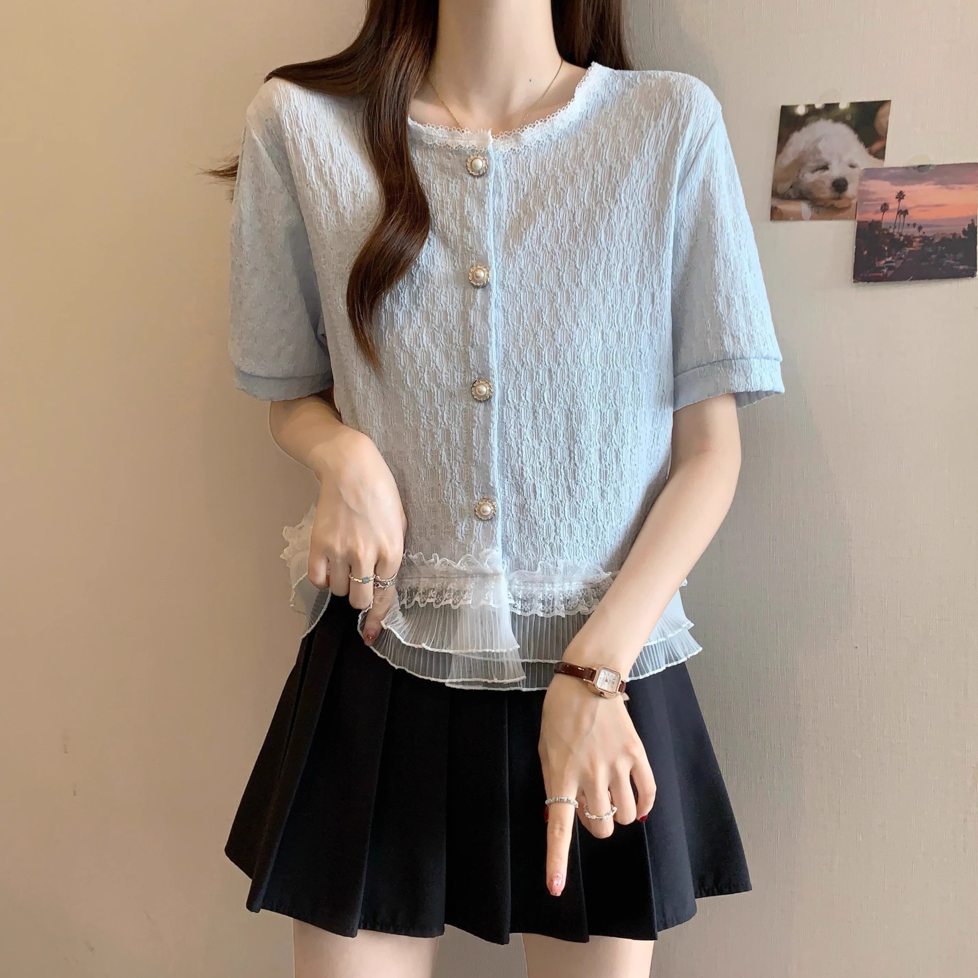 French Lace Hem Short-Sleeved Shirt 2025 Summer New Large Size Women's Fat mm Slimming Look Belly-Covering Shirt Top