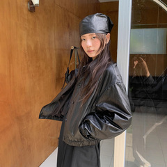 广州十三行2025秋韩风哑光环保皮廓形通勤随性慵懒感皮衣女02838