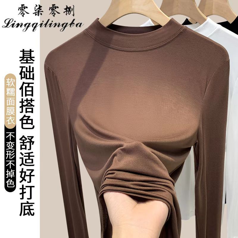 Chubby Girl small stand collar bottoming shirt with modal long-sleeved T-shirt for Women summer all-matching plus size top Chubby Girl small stand collar bottoming shirt with modal long-sleeved T-shirt for Women summer all-matching plus size top