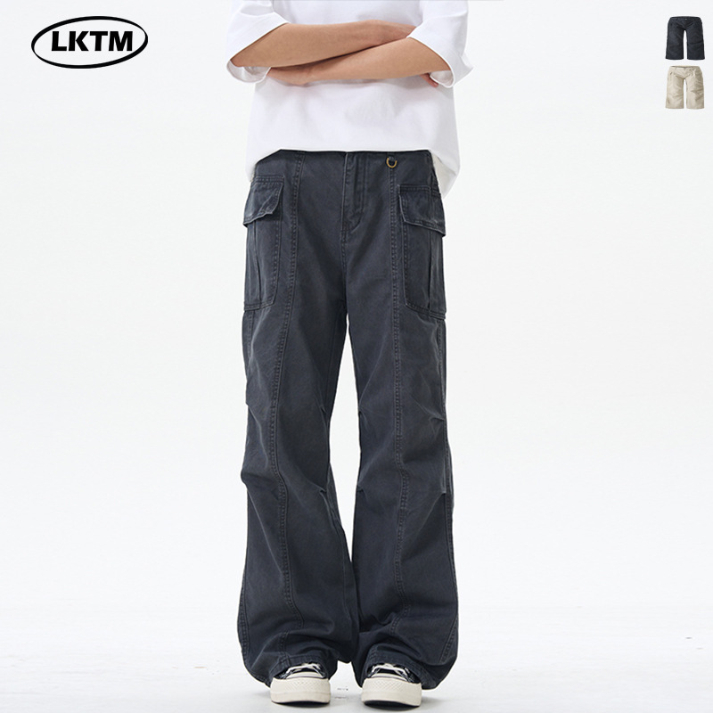 LKTM Men's# American Retro Old Grey Pleated Crowd Pants Men's and Women's Advanced Sense Casual Wide Leg Pants