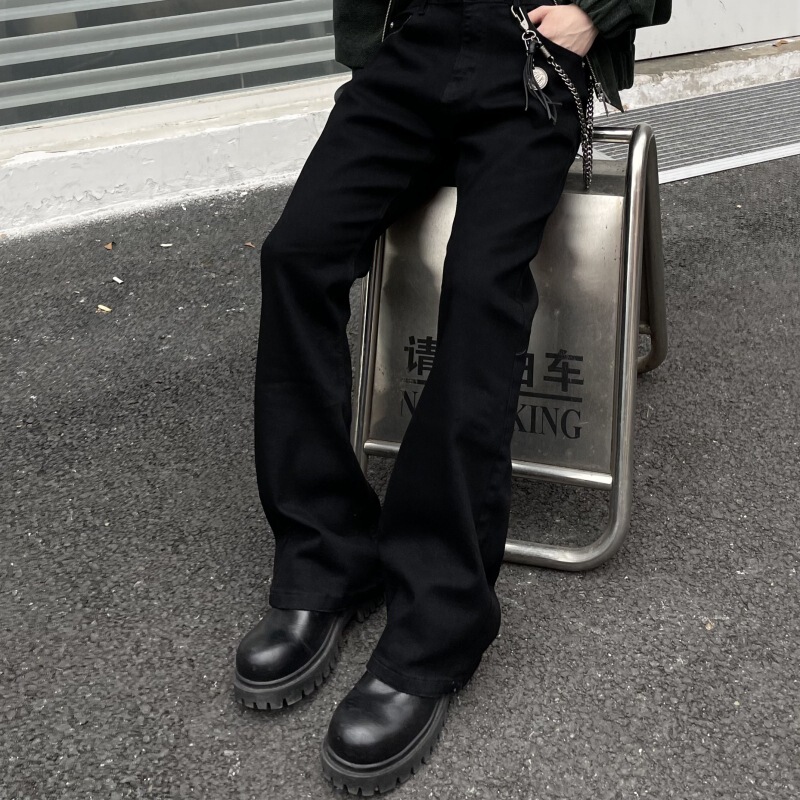 American High Street Vibe Pure Black Bootcut Jeans Men's Trendy Straight Slimming Look Draped Floor-Length Cleanfit Pants