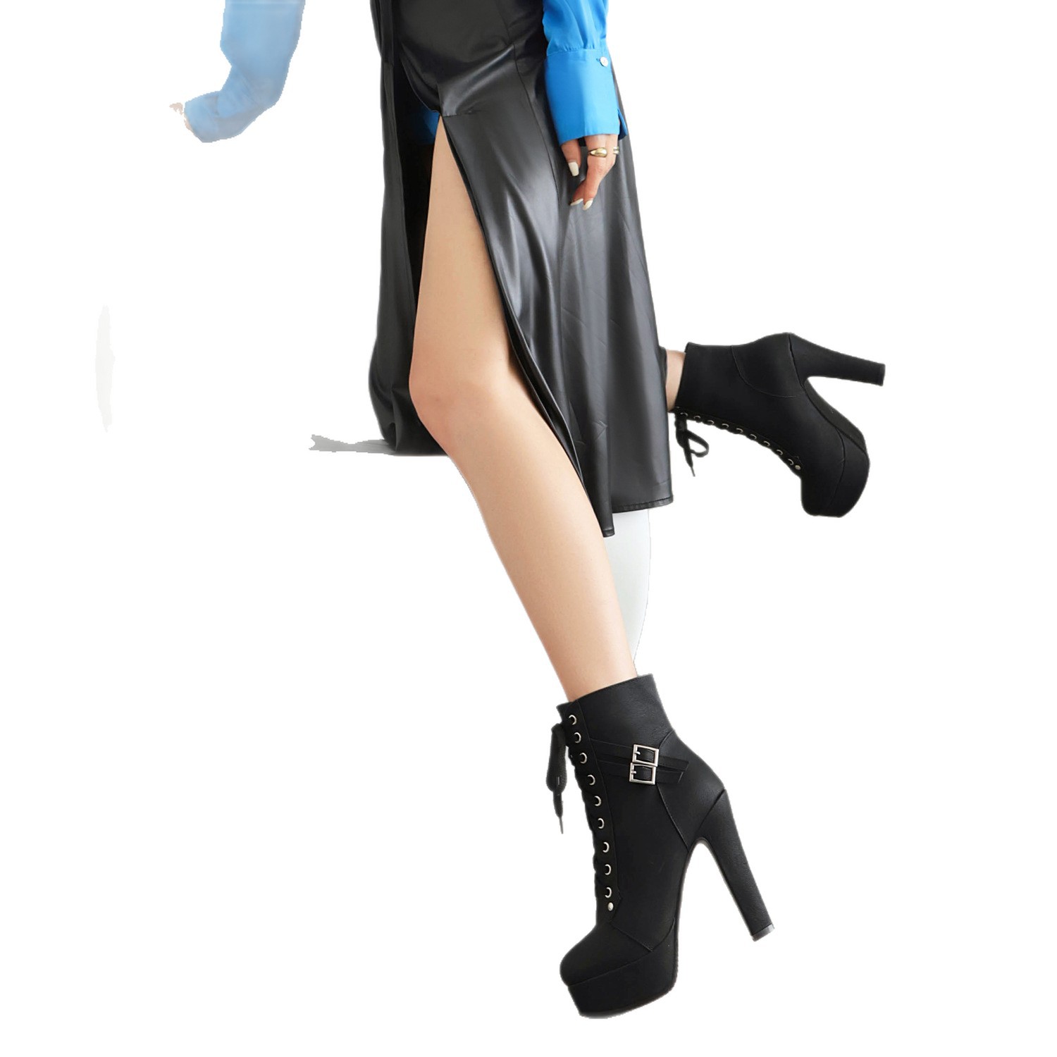 ShoeVault Herbst-Winter-Mode: Runde Zehenpartie, wasserdicht, Plateau, große Größen, kurze Stiefel, Blockabsatz, sexy Schnallenriemen, Schnürung, Martin_voghion.com