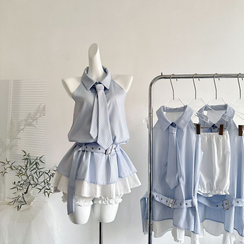 "Xinxing" Summer Korean-Style Shirt-Style Sleeveless Striped Patchwork Faux Two-Piece Dress with Sea Salt Color