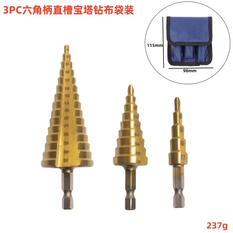 Alta VELOCIDAD DE ACERO pagoda taladro recto ranura mango hexagonal titanio-plateado paso taladro escariado agujero abridor bolsa de tela traje paso Taladro