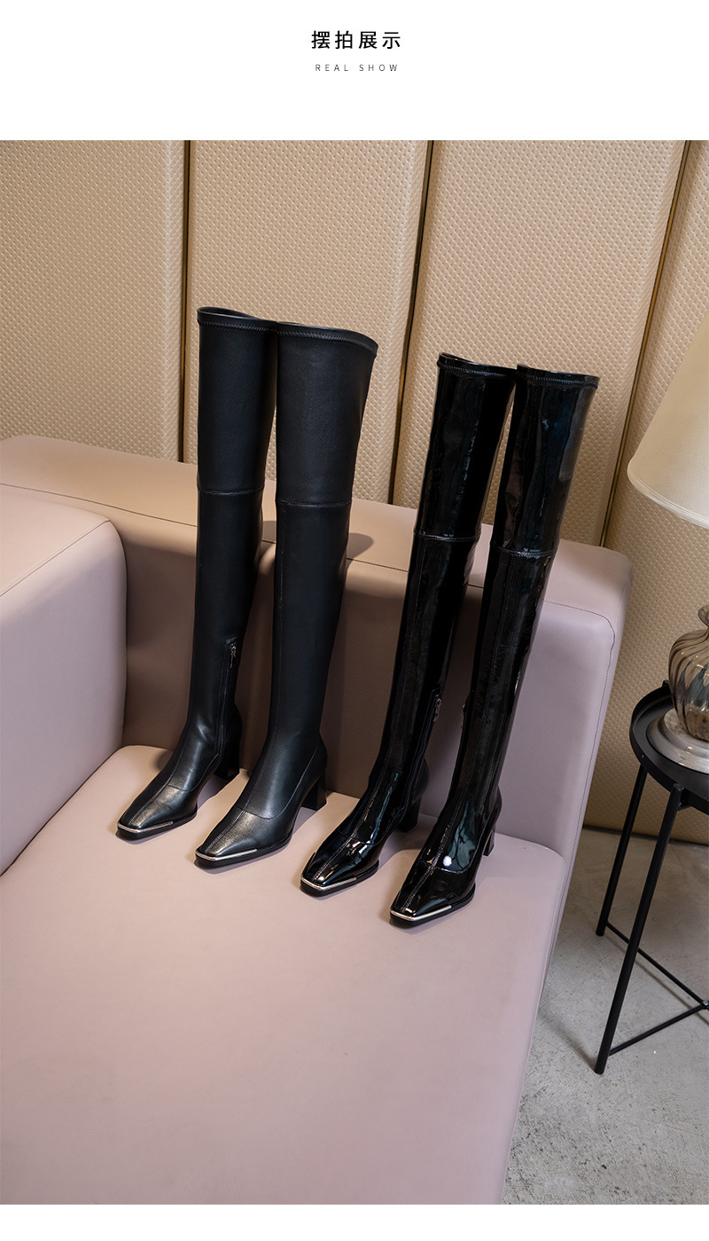Boot nữ cổ cao quá gối da sáng chế mũi vuông kim loại gót vuông ôm chân co giãn — Lớp lót bằng da sáng chế màu đen chi tiết 11