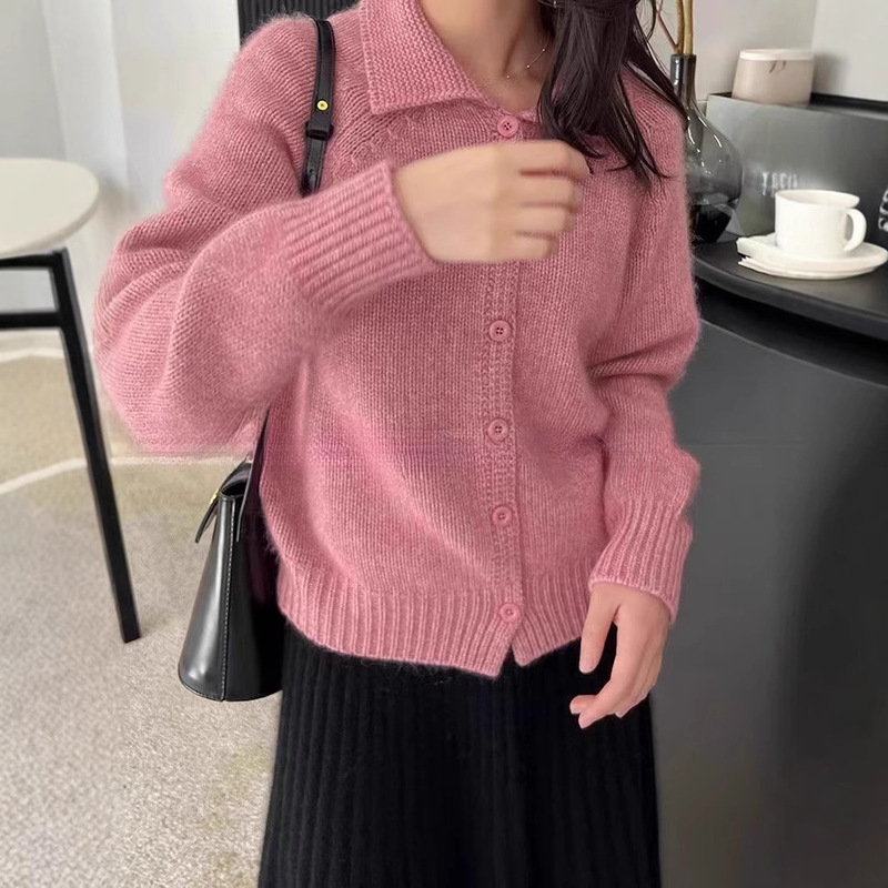 Autumn and Winter New Cashmere Cardigan for Women, Thickeneded Lapel French Single-Breasted Slim Wool Knitted Sweater Jacket Trendy