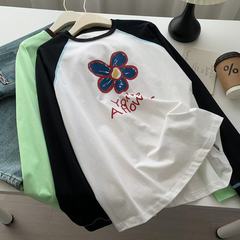 95棉明线设计花朵印花插肩袖长袖圆领T恤女春秋宽松显瘦打底衫韩