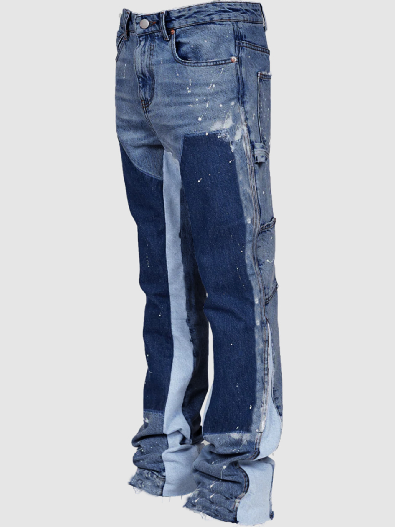 Men's Denim Overalls Fashion Elastic Patch Flared Jeans_voghion.com