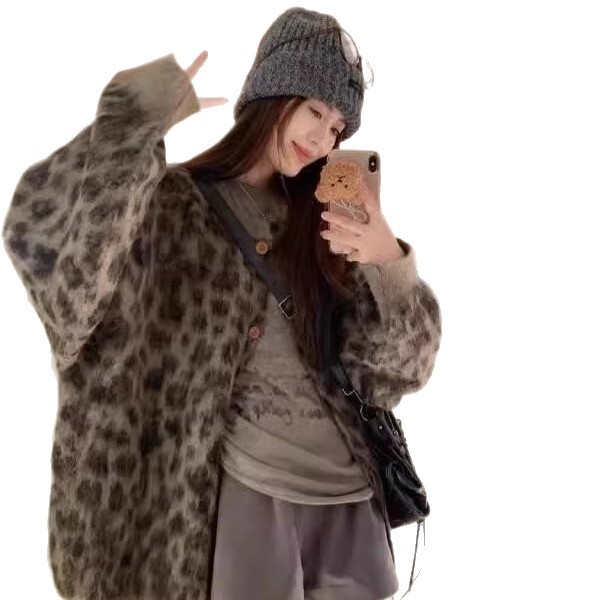 美拉德豹纹毛衣开衫女秋冬2025新款加厚中长款慵懒风针织衫外套女|undefined