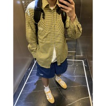 美式复古黄色格子衬衫男士春秋外穿休闲宽松防晒薄款情侣潮牌衬衫