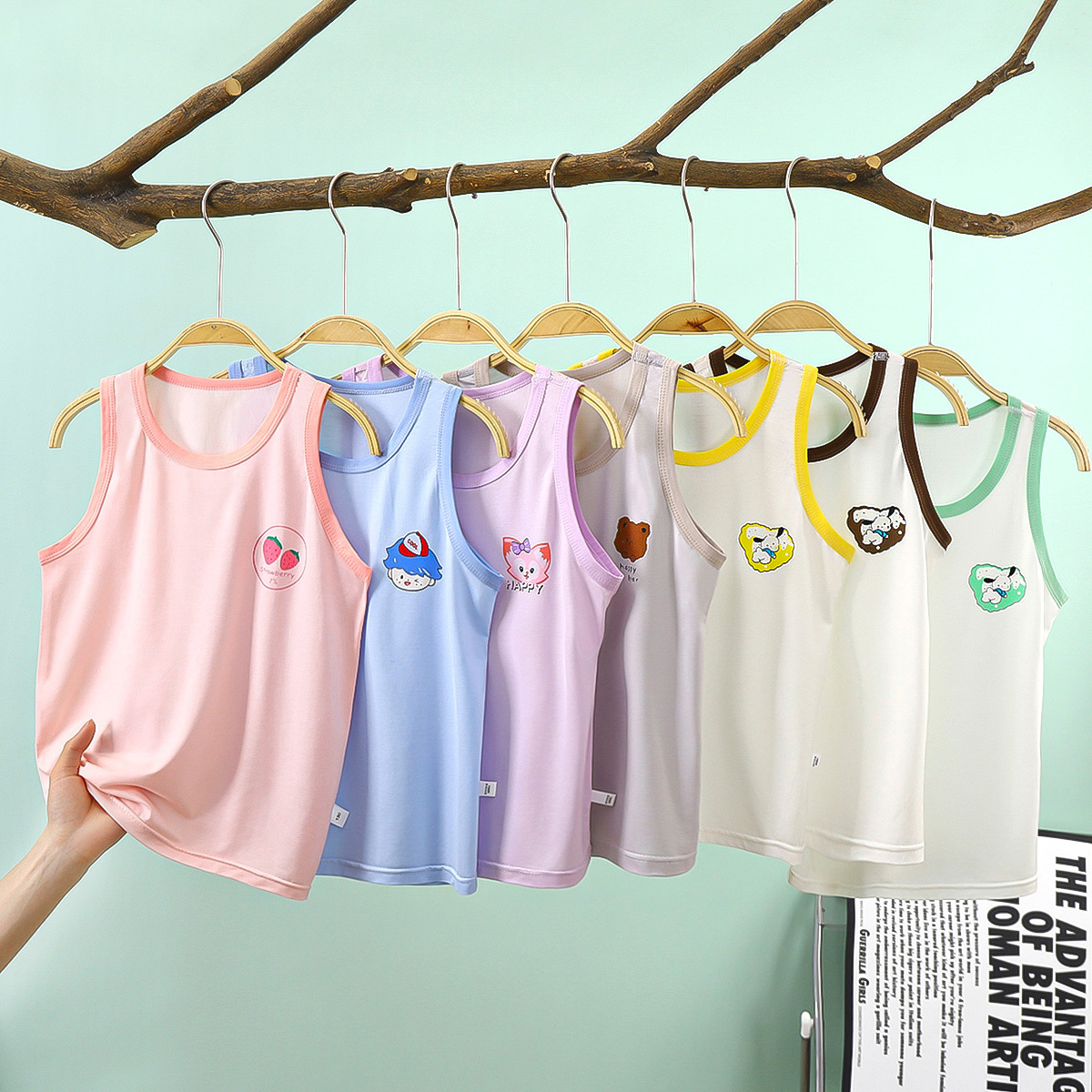 Children's Tencel Vest Summer Thin Type a Sleeveless Cartoon Boys and Girls Lyocell Cool Suspender Boneless Bottoming