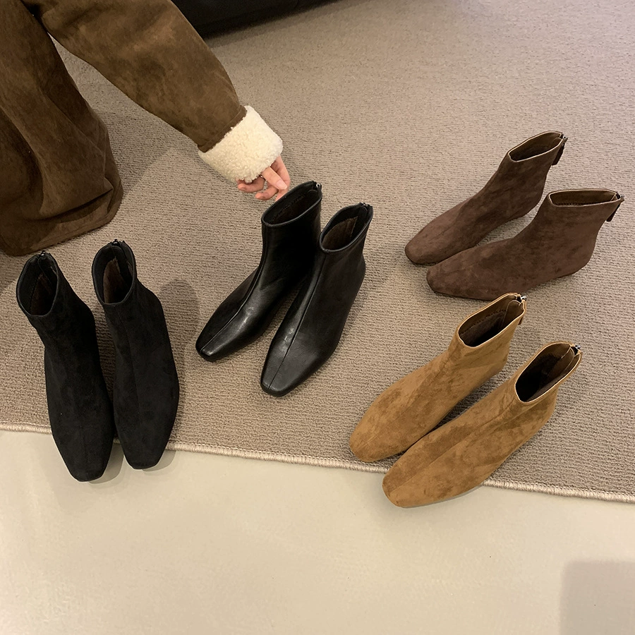 Толстые каблуки замши цвета хаки тонкие короткие сапоги женские туфли 2024 года бархатные сапоги Мартин сапоги французские ботильоны