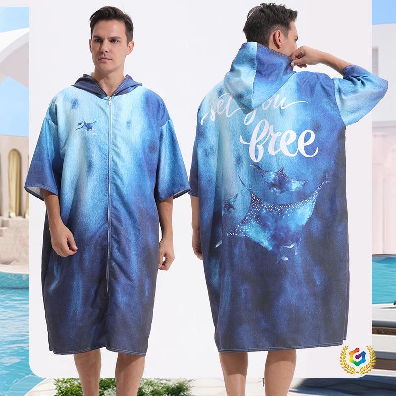 ◔ 2025 Cross-Border Quick-Drying Zippered Bathrobe Swimming Towel Portable Changing Robe Hooded Poncho Wearable for Beach Bathing