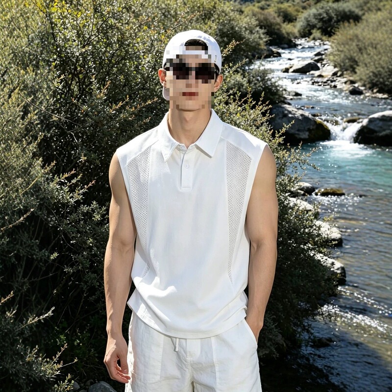White Polo Collar Quick-Dry Vest for Men, Summer Mesh Breathable Ice Silk Sleeveless T-Shirt, Outdoor Sports Tank Top
