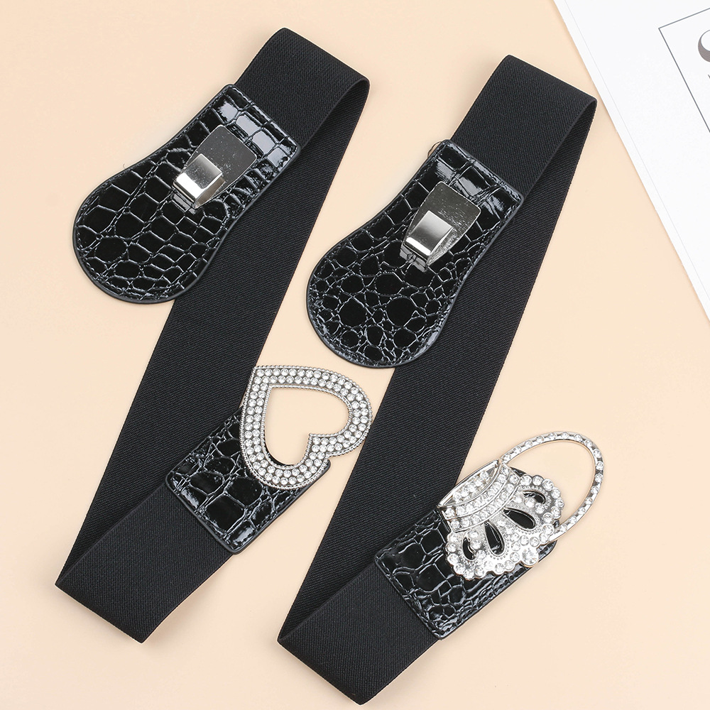 Cintura larga elastica nera alla moda da donna con decorazioni di diamanti, vestito, cappotto, chiusura in vita, strass, ragazza alla moda e paffuta_voghion.com