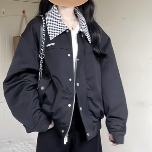 美式拼接翻领黑色深秋夹棉外套女秋冬2025新款初冬穿搭夹克棒球服