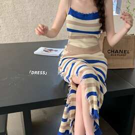 法式复古条纹针织吊带连衣裙女夏季收腰包臀裙小众气质开叉长裙子