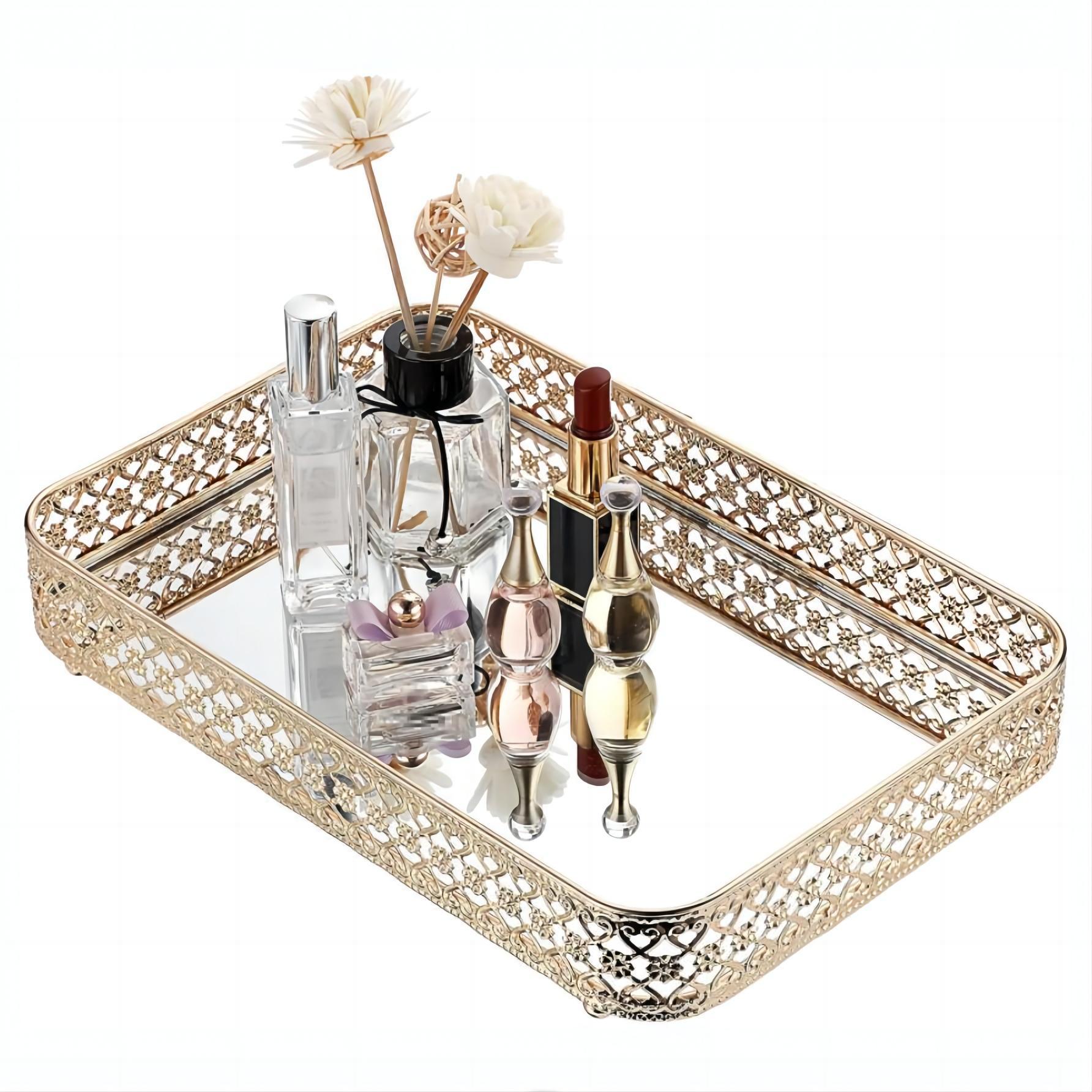 Nuevos productos transfronterizos europeos de lujo ligero metal espejo bandeja de hoteles caseros bandeja de frutas bandeja de cosméticos bandeja de joyería