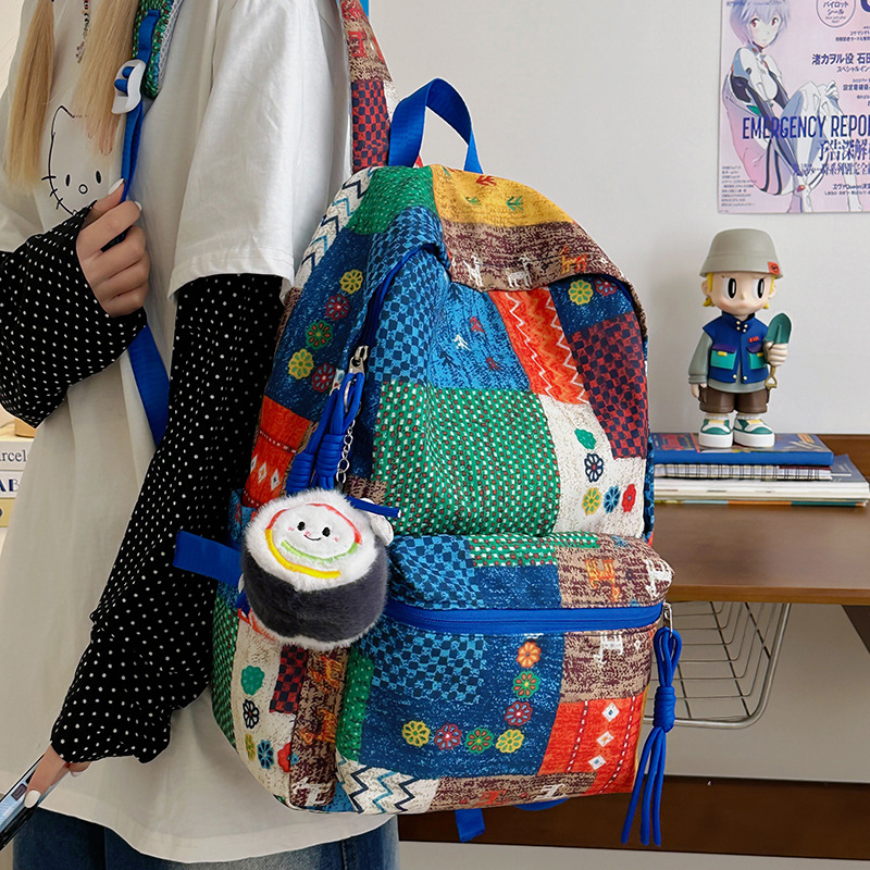 Spring and Summer New Ethnic Style Patchwork Bag, Bohemian Large-Capacity Trendy Backpack, High-Looking Student School Bag