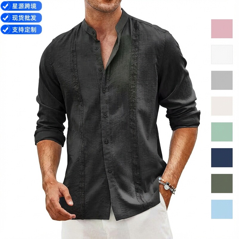 Cross-border European and American Amazon Men's Cuban Style Casual Button Summer Beach Vacation Cotton Linen Shirt Collar
