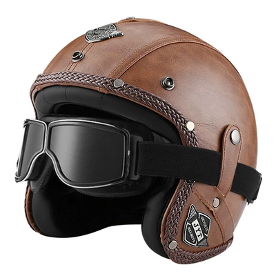 3/4 Half Helmet Safety Helmet | Motorcycle Safety Supplies - 555-leather-helmet-dark-brown-square-retro-mirror-s