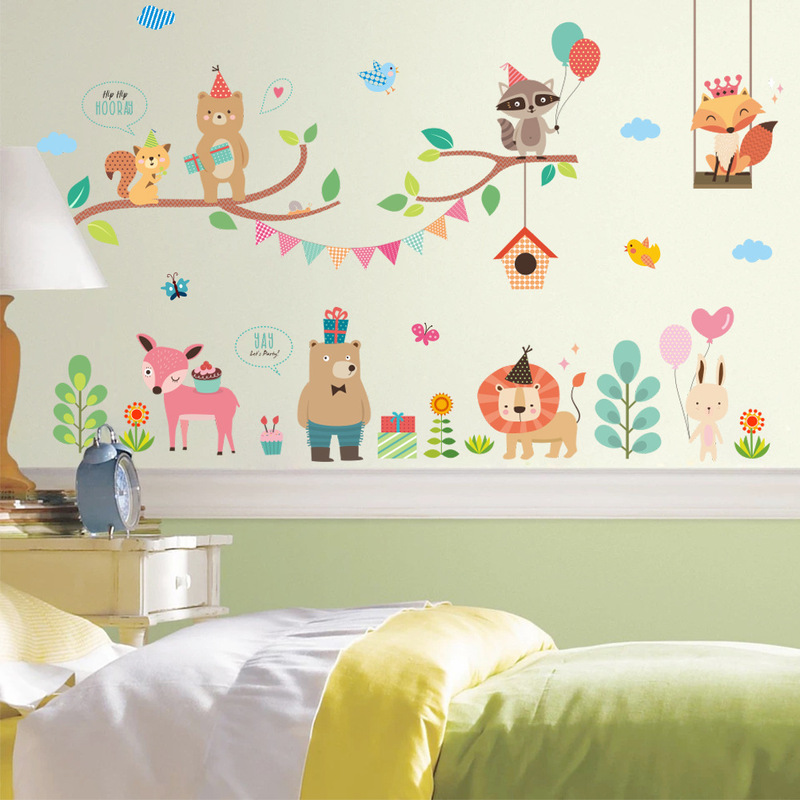 New Cartoon Fox Lion Zoo Wall Stickers Children's Room Kindergarten Scene Layout Wall Stickers ZY241P