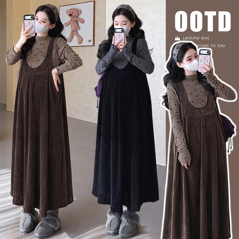 Cat Single [Heart-Shaped Lava] Maternity Wear Autumn New Fashionable and Elegant Retro Long-Sleeve Inner Vest Dress Two-Piece Set