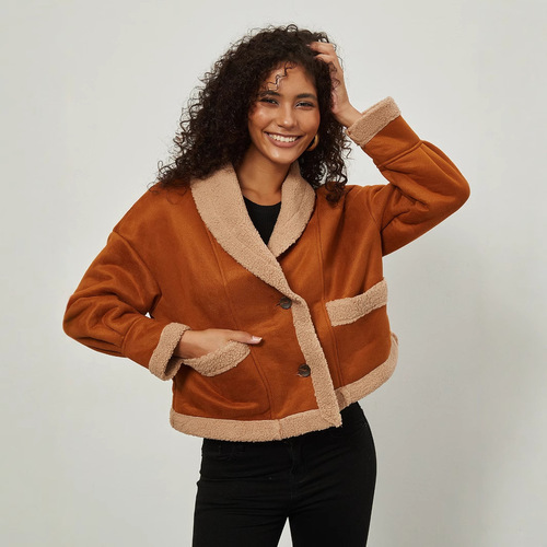Women's winter collared leather and fur lined loose warm thick insulated coat top