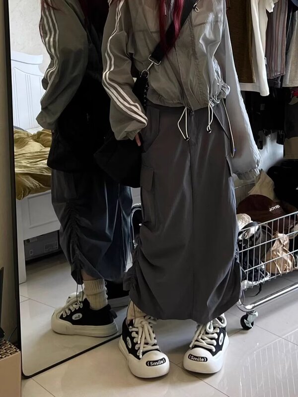 American Street High Waist Workwear Side Drawstring Workwear Dress Women's Spring and Summer Large Pocket A- line Rear Split Long Dress