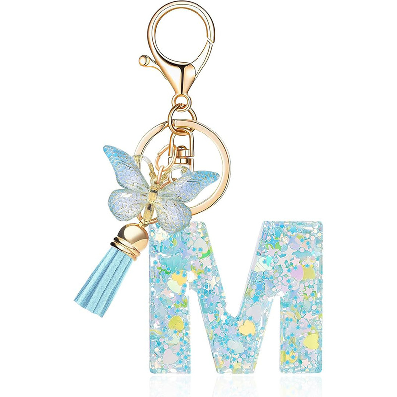 Resin 26 English letter keychain, eco-friendly, with glitter, fashionable tassel, butterfly design, suitable for girls' bags and wallets