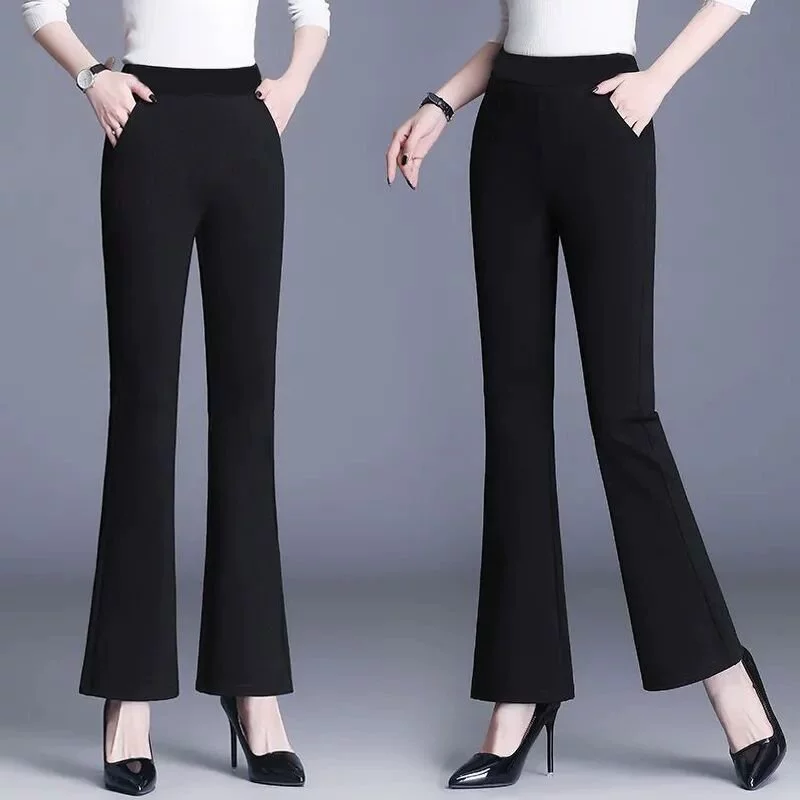 2025 весна/лето новые расклешенные брюки для женщин, эластичные укороченные брюки с высокой талией, корейский стиль, утягивающие расклешенные брюки, повседневные длинные брюки больших размеров