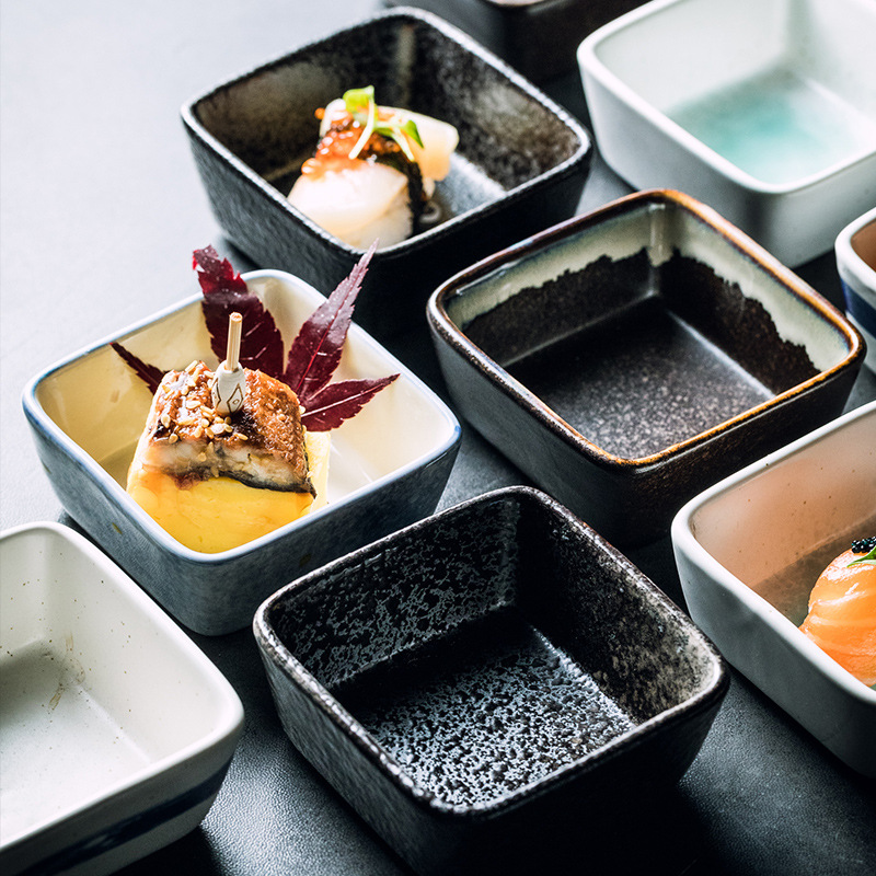 Square snack tray Japanese retro ceramic hot pot barbecue dipping tray household snack tray seasoning tray