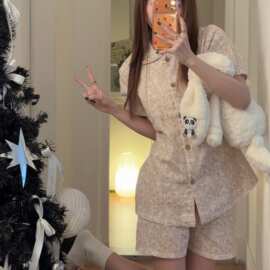 日系碎花猫咪睡衣女夏季纯棉短袖短裤宽松翻领家居服两件套
