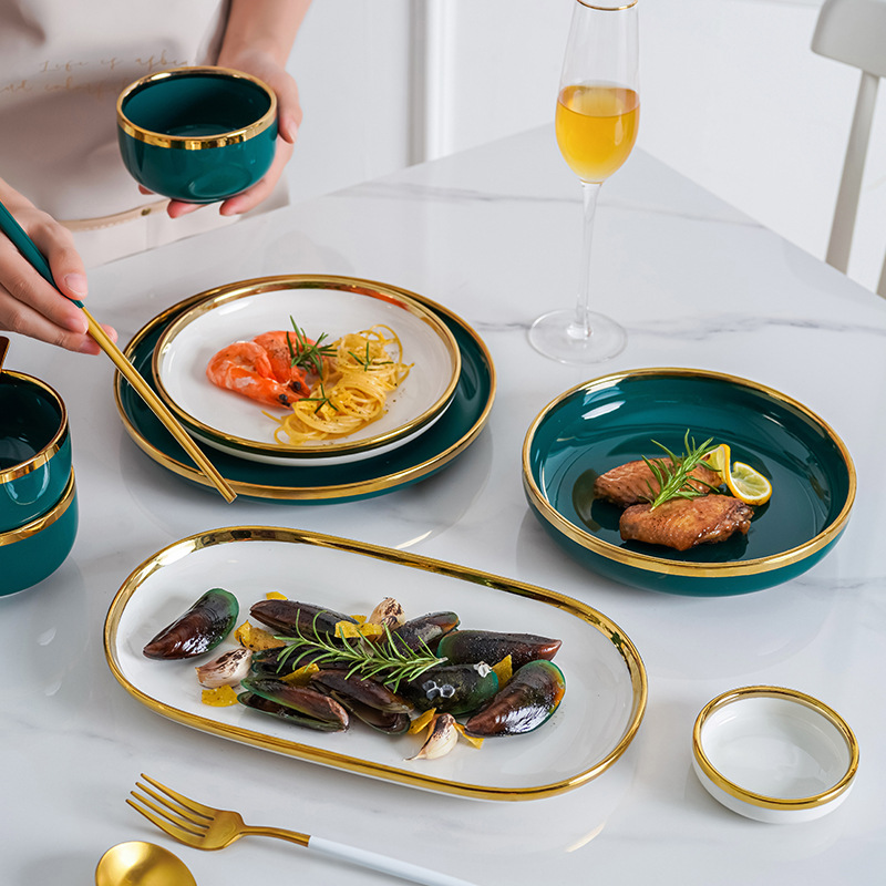 Nórdico borde dorado hogar vajilla de cerámica traje creativo tazón combinación ins viento neto arroz rojo tazón plato fideos