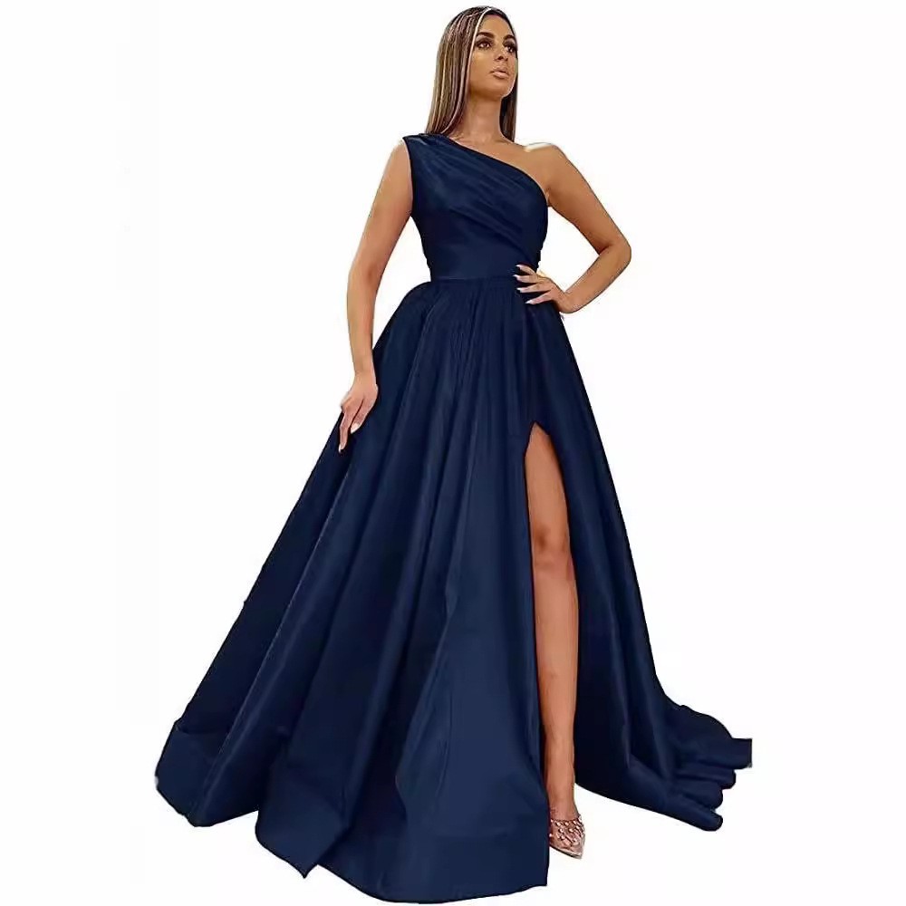 Comercio exterior europeo y americano Amazon AliExpress wish señoras nuevo vestido de noche de un solo hombro vestido de noche de satén dividido sexy