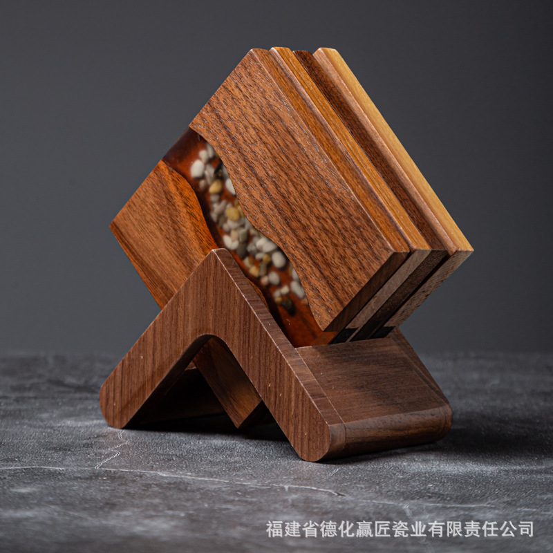 Resina transfronteriza almohadilla de taza de río piedra árbol de Navidad madera sólida empalme epoxi simple transparente almohadilla de taza de té cuadrada