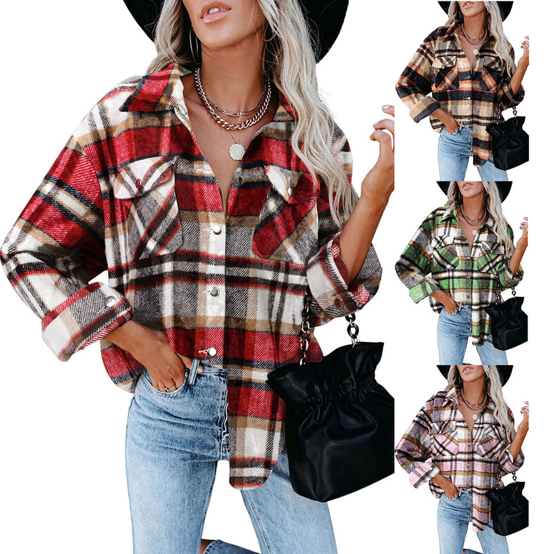 Cross-Border European and American Foreign Trade Women's Clothing 2026 Autumn and Winter New Amazon Women's Plaid Shirt Woolen Button-Down Jacket Cross-Border European and American Foreign Trade Women's Clothing 2026 Autumn and Winter New Amazon Women's Plaid Shirt Woolen Button-Down Jacket