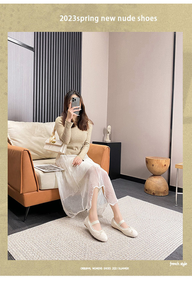 Giày búp bê nữ có lông nơ một quai, đế bệt giữ ấm, cỡ lớn — Màu hồng, Màu trắng chi tiết 4