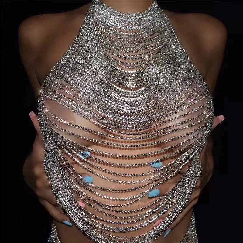 European and American fashion multi -layer rhinestone chest chain…